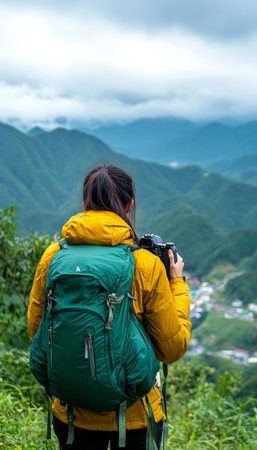 Woman Hiker in Yellow Jacket with Green Backpack Enjoys Scenic Mountain View and Captures the Momentの素材