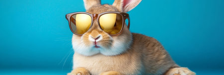 Cute bunny rabbit with golden sun glasses on blue background. Portrait funny pet photography.の素材