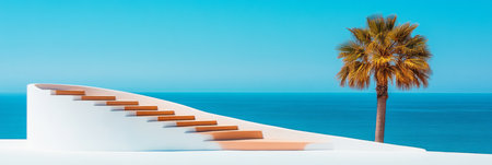 Minimalist white architecture, staircase detail with palm tree and ocean view, summer travelの素材