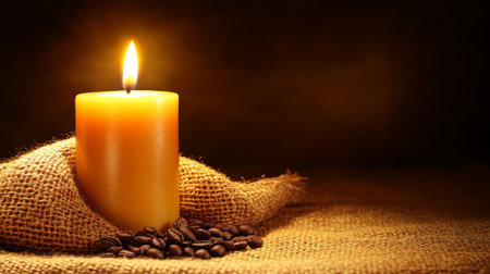 Warm Coffee Scented Candle with Coffee Beans on Burlap Creating Ambiance for Relaxationの素材
