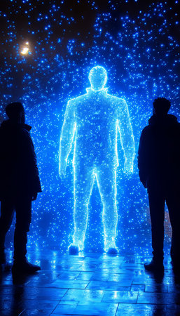 Abstract, Futuristic Figure Formed by Blue Digital Network Outline On Dark background,の素材