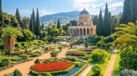 Formal Gardens, Baha i World Centre, UNESCO heritage site, Haifa, Israel. Scenic View on a sunny dayの素材