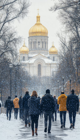 Winter City Street Scene. People stroll past Saint Sophia Cathedral in snowy city, Ukraine.の素材