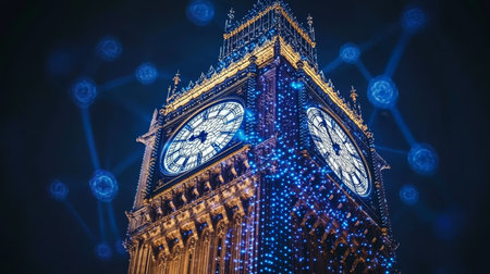 Iconic Clock Tower Adorned with Festive Lights and Digital Network, Symbolizing Modern Technology.の素材