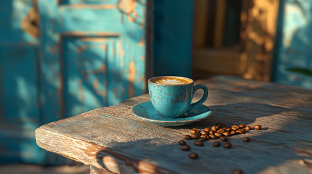 Miniature Espresso Cup with Coffee Beans on a Rustic Wooden Table, Forced Perspectiveの素材