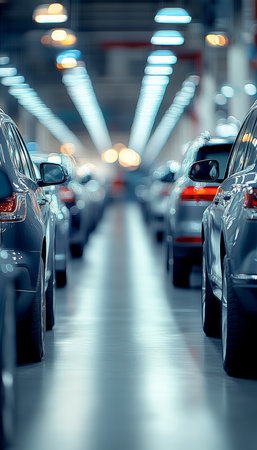 Luxury Vehicles in Showroom, Blurred Lights, Space for Text, Side Angle, Modern Designの素材