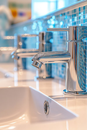 Modern Bathroom Interior Design Close-up of Sparkling Chrome Faucets over White Ceramic Sinkの素材