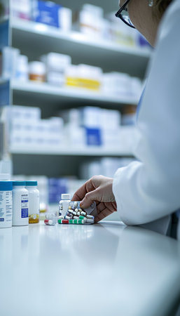 Pharmacist Preparing Medication on Counter, with Blurred Pharmacy Shelves in Backgroundの素材