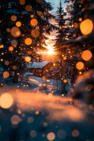 Winter Wonderland Cozy Cabin in Snow-Covered Forest with Golden Hour Glow and Festive Bokehの素材