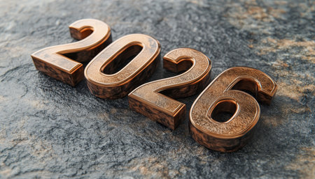 Metallic 2026 Numbers Against a Textured Background with Dramatic Lighting for New Year Conceptsの素材