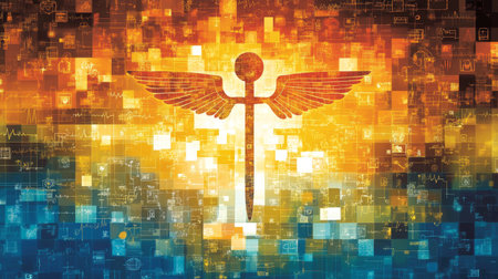 Digital Caduceus Healthcare and Technology Symbol on Abstract Background With Copy Spaceの素材