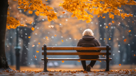 Contemplation in Autumn Senior Enjoys Serene Park Scene as Golden Leaves Fall, Space for Textの素材