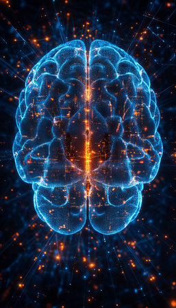 Digital Brain, Blue Glowing Lines, Orange Highlights, Dark Background, Rendering, Stock Photoの素材