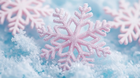 Pink Snowflakes on Blue, Winter Wonderland, Festive Frozen Snowdrift, Cold Season Macroの素材