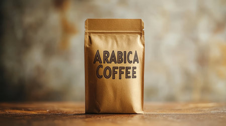 Golden Arabica Coffee Foil Bag Packaging Mockup, Isolated Product Pouch On Brown Rustic Woodの素材