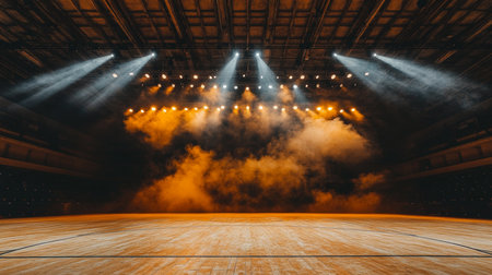 Basketball Court in Sports Arena with Stage Lights, Illuminated Smoke, and Dramatic Ambianceの素材