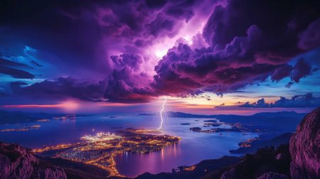 Urban Thunderstorm Spectacle Lightning Bolt Illuminates Cityscape at Night, Dramatic Storm Cloudsの素材