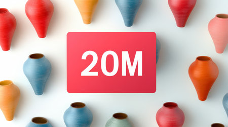 20 Million Celebration Social Media Milestone with Colorful Vases and Announcement Cardの素材