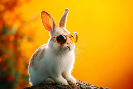 Stylish Bunny in Sunglasses Adorable Portrait Against a Vibrant, Sunny Orange Backdropの素材