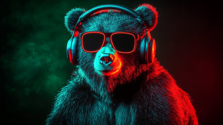 Cool Neon Party Bear DJ in Headphones and Sunglasses With Red and Blue Lighting 80s Vibeの素材