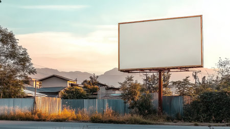 Empty White Billboard Mockup in Quiet Suburban Neighborhood at Sunset with Copy Spaceの素材