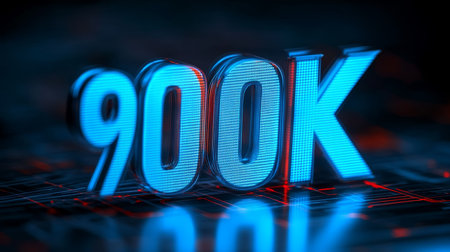 Glowing Digital 3D Number 900K on Abstract Background, Futuristic Technology Concept.の素材
