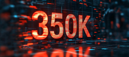 Glowing Futuristic 3D Number 350K on a Digital Technology Background with Futuristic Red Blue Huesの素材