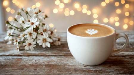 Steaming Cup of Coffee with Latte Art, Fairy Lights, and Flowers on Rustic Wooden Tableの素材