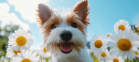 Happy Dog, Summertime Bliss Adorable Puppy with Tongue Out, Smiling Amidst a Field of Daisiesの素材