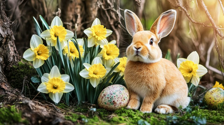 Adorable Easter Bunny Relaxing in Spring Forest, Surrounded by Daffodils and Easter Eggsの素材
