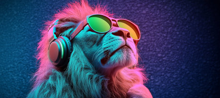 Neon Dream A Colorful Portrait of a Lion with Headphones and Sunglasses Immersed in Musicの素材