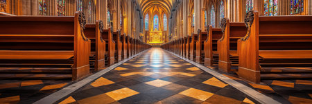 Gothic Church Interior with Empty Wooden Pews and Checkered Floor, Symmetry and Perspectiveの素材
