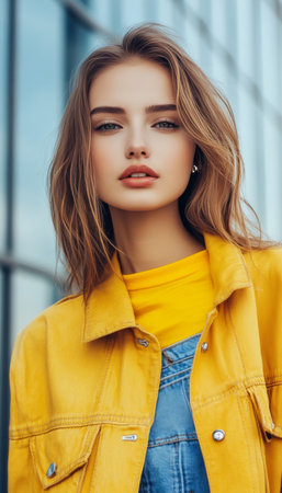 Stylish Young Woman s Urban Fashion Moment, Vibrant Colors, Modern City Background, Trendy Clothingの素材