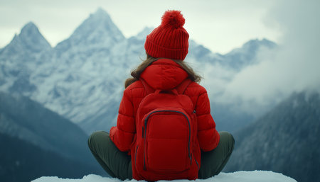 Woman in Red Beanie and Backpack Sitting Peacefully Overlooking Snow Covered Peaks on a Winter Dayの素材