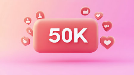 3D Render Celebrating 50,000 Followers on Social Media Pastel Icon Surrounding Text.の素材