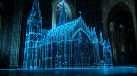 Gothic Cathedral 3D Wireframe Architectural Blueprint Render. Historical Building Illustrationの素材