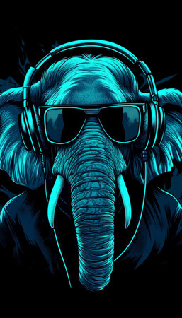 Neon Party Animal Cool Elephant DJ with Headphones and Sunglasses, Vibrant and Ready to Grooveの素材