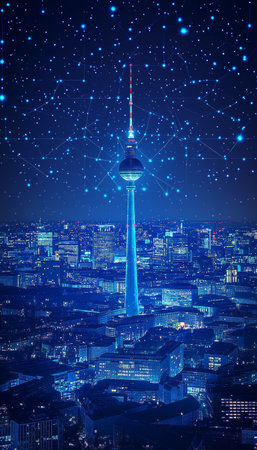 Berlin Skyline Illuminates Night Sky, Iconic TV Tower as Symbol of Digital Communicationの素材