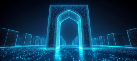 Blue Glowing Archway and Buildings, Abstract Digital Network Illustration, Futuristic Architectureの素材