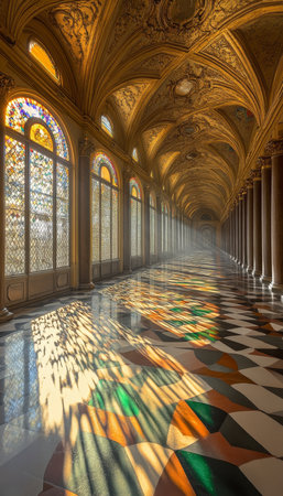 Sunlight Streaming Through Stained Glass Windows in a Grand Hall, Historical Architectureの素材