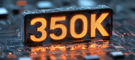 Illuminated 350K Sign on Futuristic Circuit Board Technology and Achievement Conceptの素材