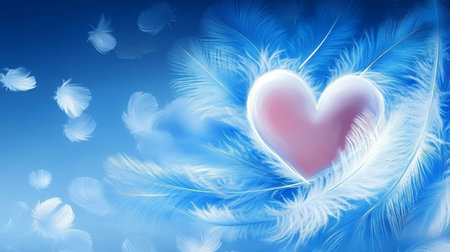 Gentle Love. Fluffy white and blue feather texture background with heart for Valentine s Day.の素材