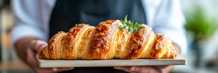 Baker Proudly Presents a Freshly Baked, Golden Croissant, Close-up in a Kitchen Settingの素材