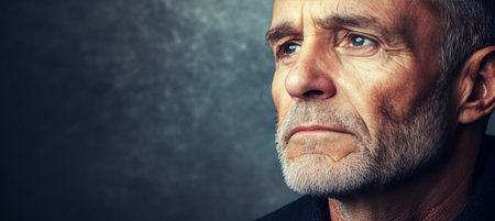 Close-up portrait of a thoughtful senior man against a gray background with copy space.の素材