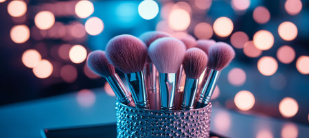 Cosmetic Brush Collection Beauty tools in a shimmering holder, against a dreamy bokeh background.の素材