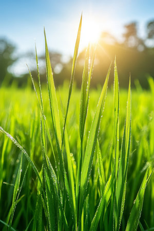 Fresh Green Grass In Sunrise Sunlight, Agriculture Background With Soft Gradients And Shapes.の素材