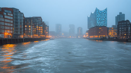 Modern Architecture in Hamburg, Germany Cityscape with River View at Dusk, Elbphilharmonieの素材