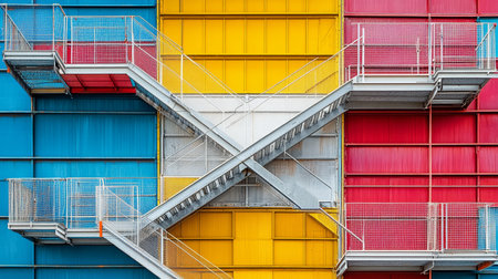 Colorful Facade, Modern Architecture with Intertwined Staircases and Geometric Patternsの素材