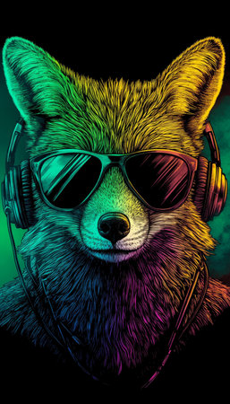 Neon Party Fox Cool DJ Animal with Headphones and Sunglasses on a Vibrant Green Backgroundの素材