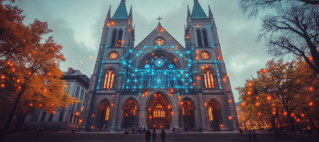 Gothic Church Illuminated with Futuristic Blue Network Design at Sunset, Montreal, Canadaの素材